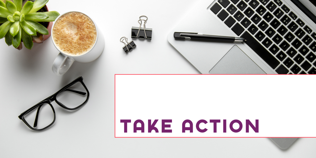 The words "Take Action" in a white box on top of a desk layout